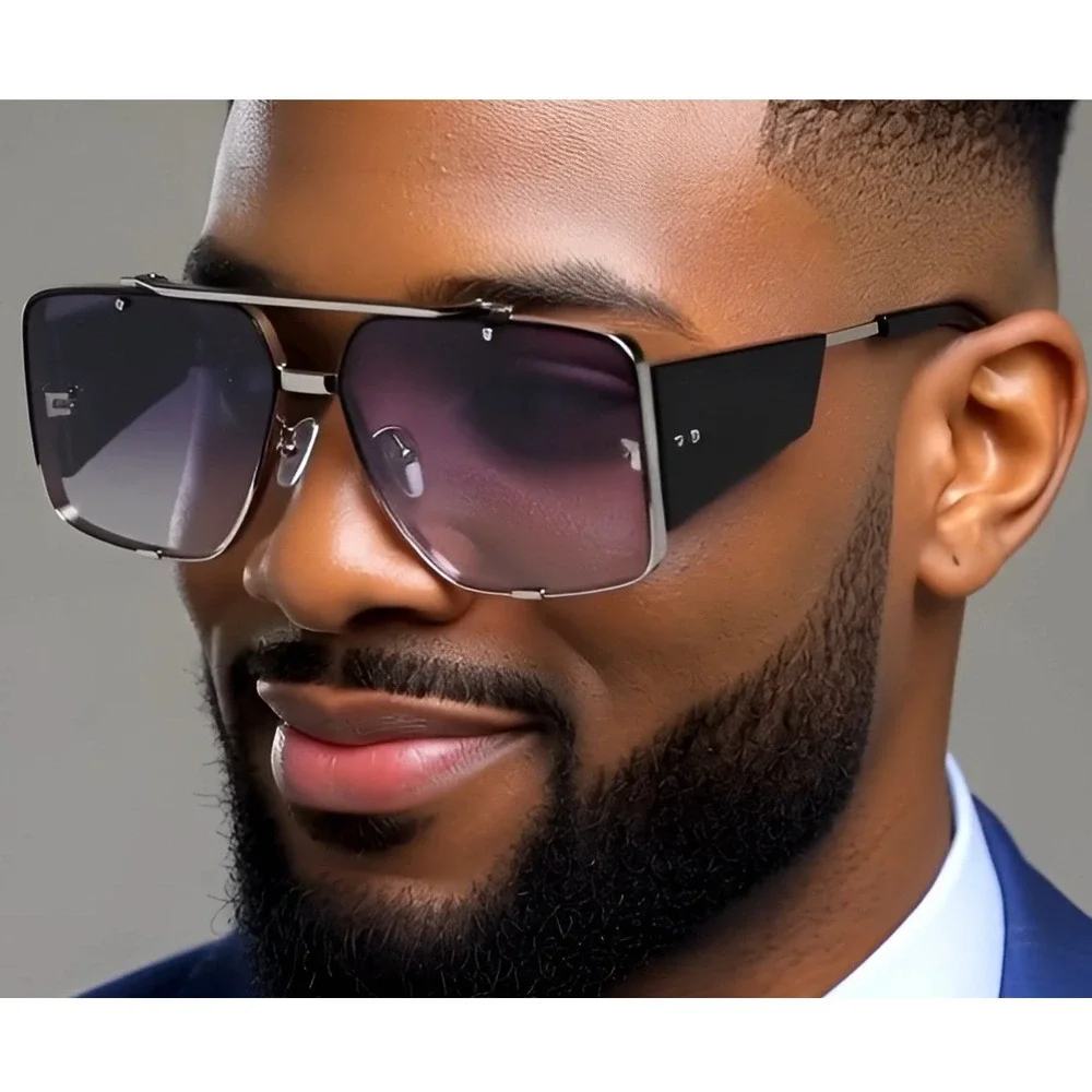 Square‎ Sunglasses Men Silver Metal Frame Black Lens Fashion Shield Sunglasses